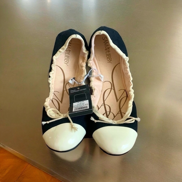 Sam & Libby Black Cream Ballet Flats Women’s Shoes Size 9 Elastic Bow NWT - Picture 1 of 7